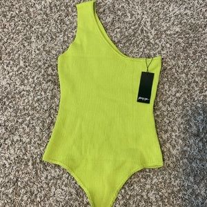 Green, one shoulder body suit